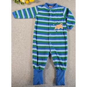 Snugabye Convert-A-Foot Sleeper Baby 6M Blue Green Striped Lion Terry Pajama